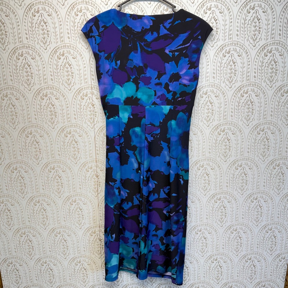 Lauren Ralph Lauren Sheath Dress Women 4 Blue Floral Ruched V-Neck Cap Sleeve - Picture 2 of 5